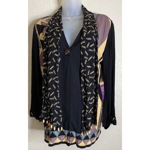 Carole Little Womens 4 Petite Blouse Black Abstract Art Print Paris Scarf Beaded